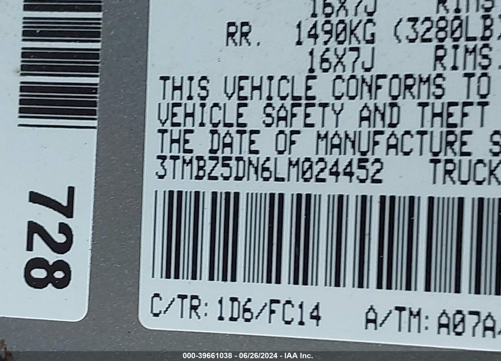 2020 TOYOTA TACOMA SR5 V6 VIN: 3TMBZ5DN6LM024452