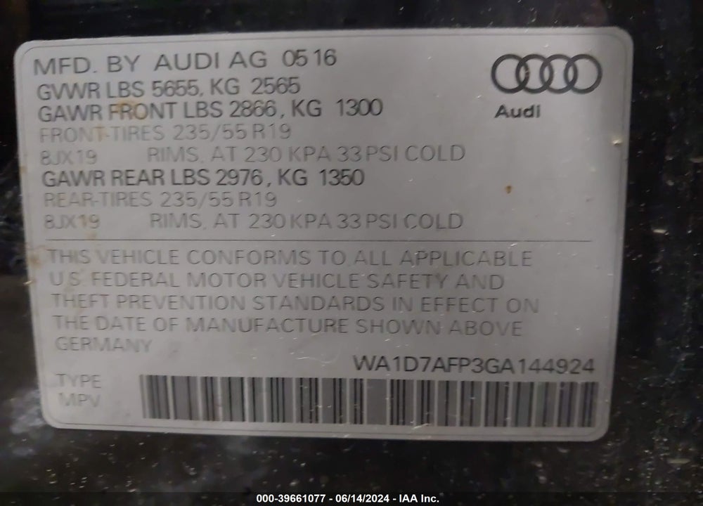 2016 AUDI Q5 3.0T PREMIUM PLUS VIN: WA1D7AFP3GA144924