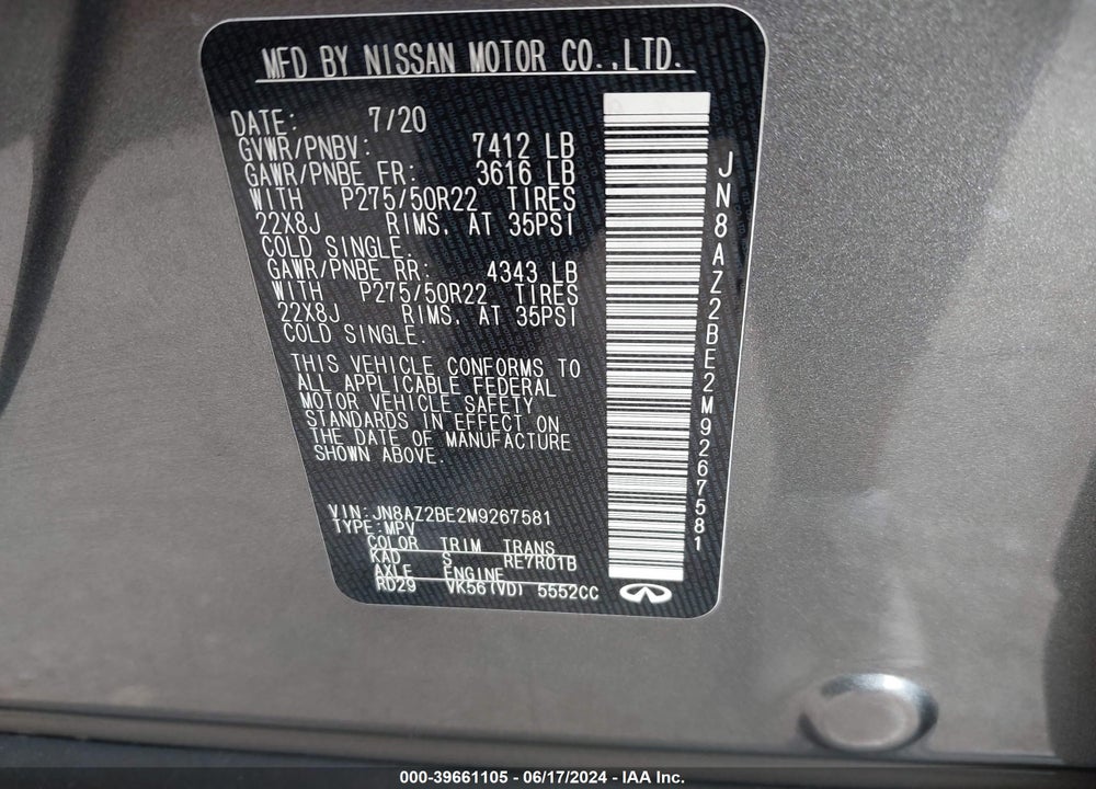 2021 INFINITI QX80 SENSORY AWD VIN: JN8AZ2BE2M9267581
