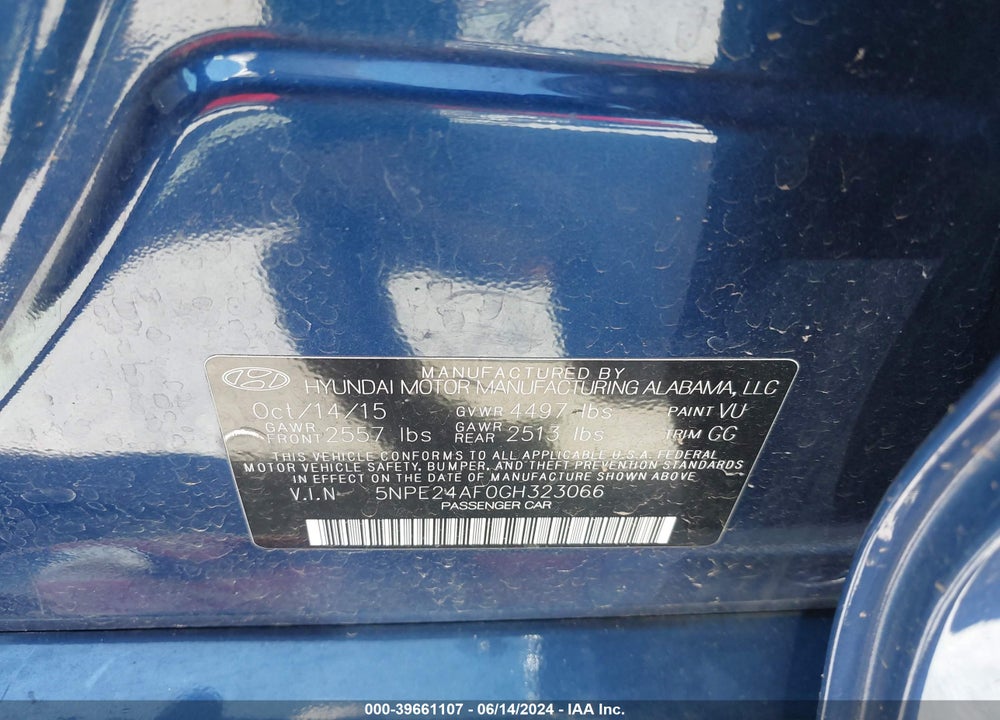 2016 HYUNDAI SONATA SE VIN: 5NPE24AF0GH323066