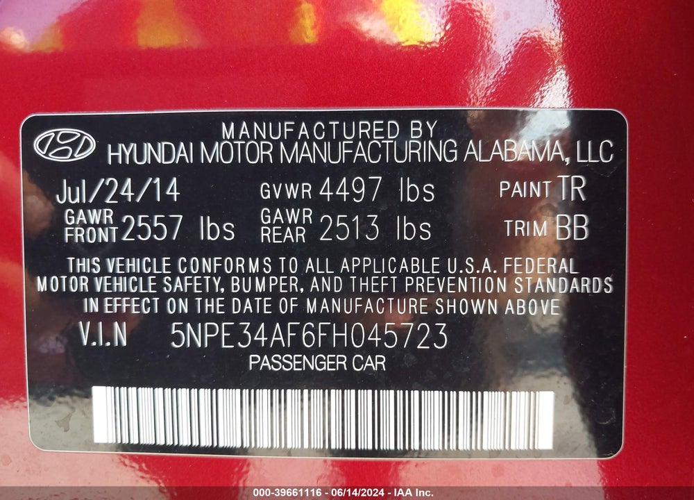 2015 HYUNDAI SONATA LIMITED VIN: 5NPE34AF6FH045723