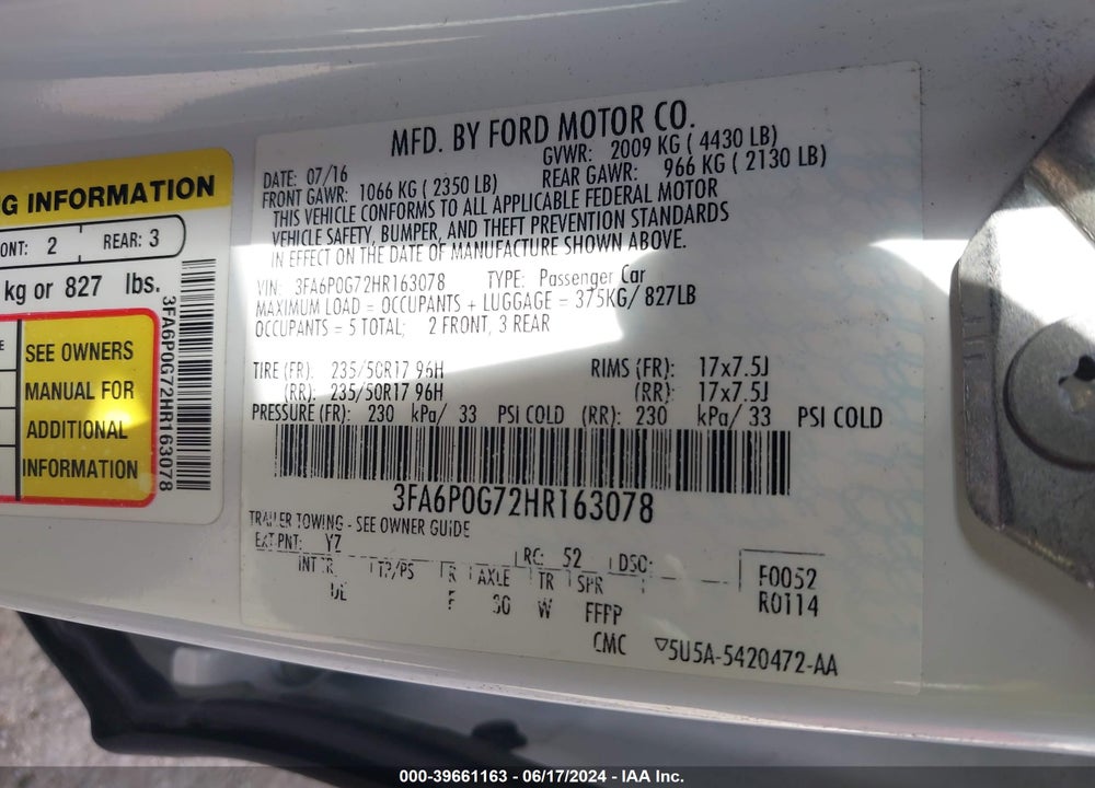 2017 FORD FUSION S VIN: 3FA6P0G72HR163078