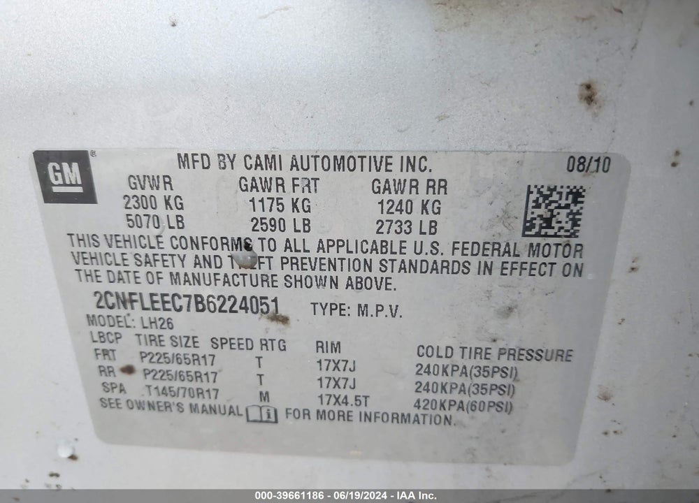 2011 CHEVROLET EQUINOX 1LT VIN: 2CNFLEEC7B6224051