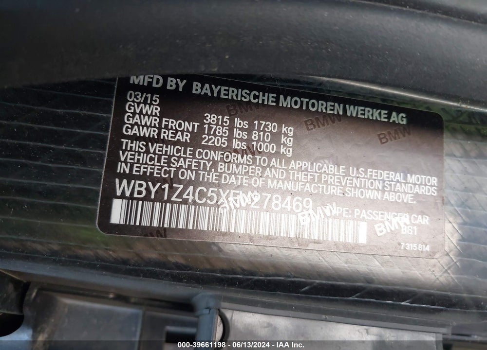 2015 BMW I3 BASE W/RANGE EXTENDER VIN: WBY1Z4C5XFV278469