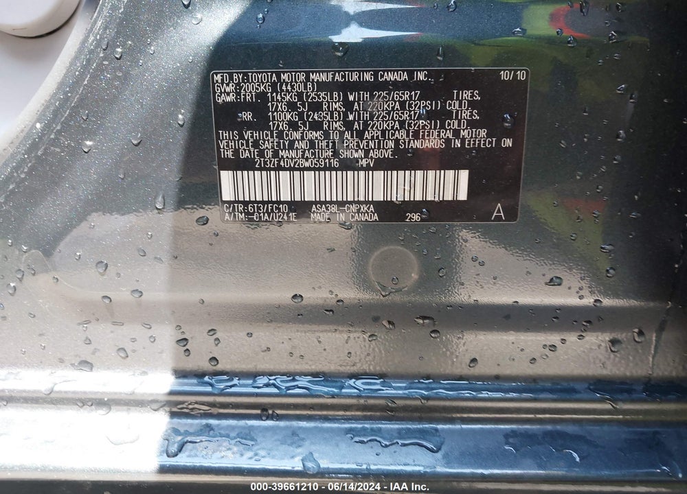 2011 TOYOTA RAV4 VIN: 2T3ZF4DV2BW059116