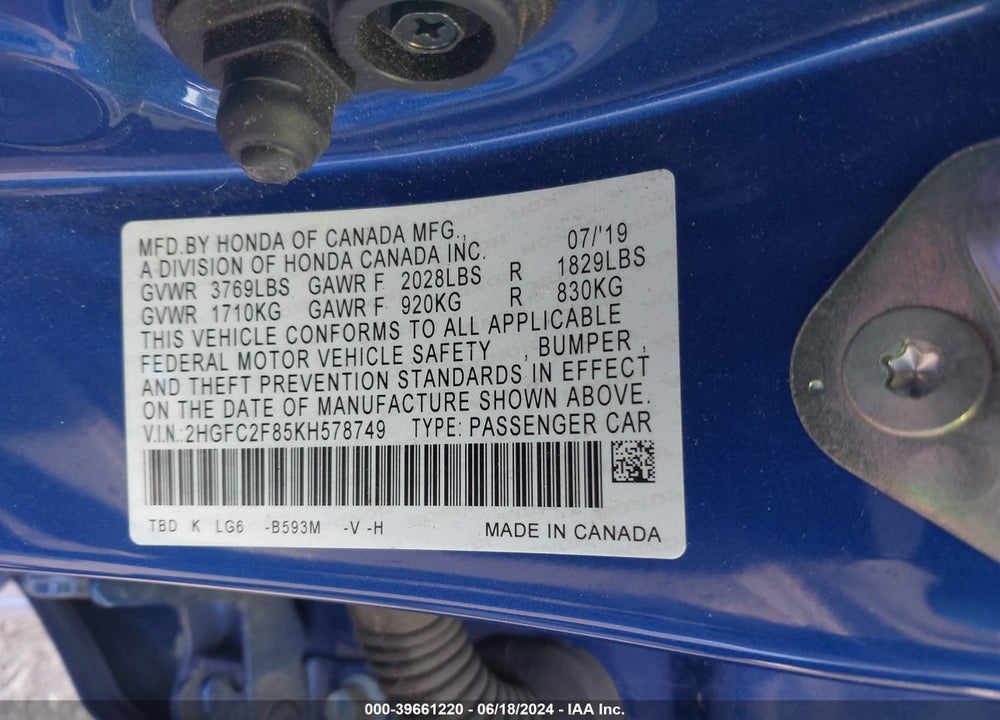 2019 HONDA CIVIC SPORT VIN: 2HGFC2F85KH578749
