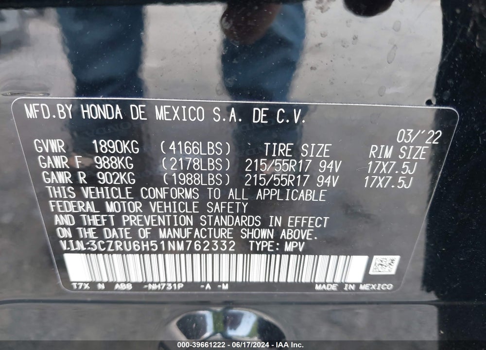 2022 HONDA HR-V AWD EX VIN: 3CZRU6H51NM762332