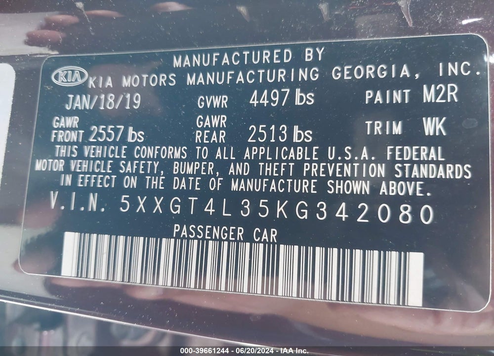 2019 KIA OPTIMA LX VIN: 5XXGT4L35KG342080