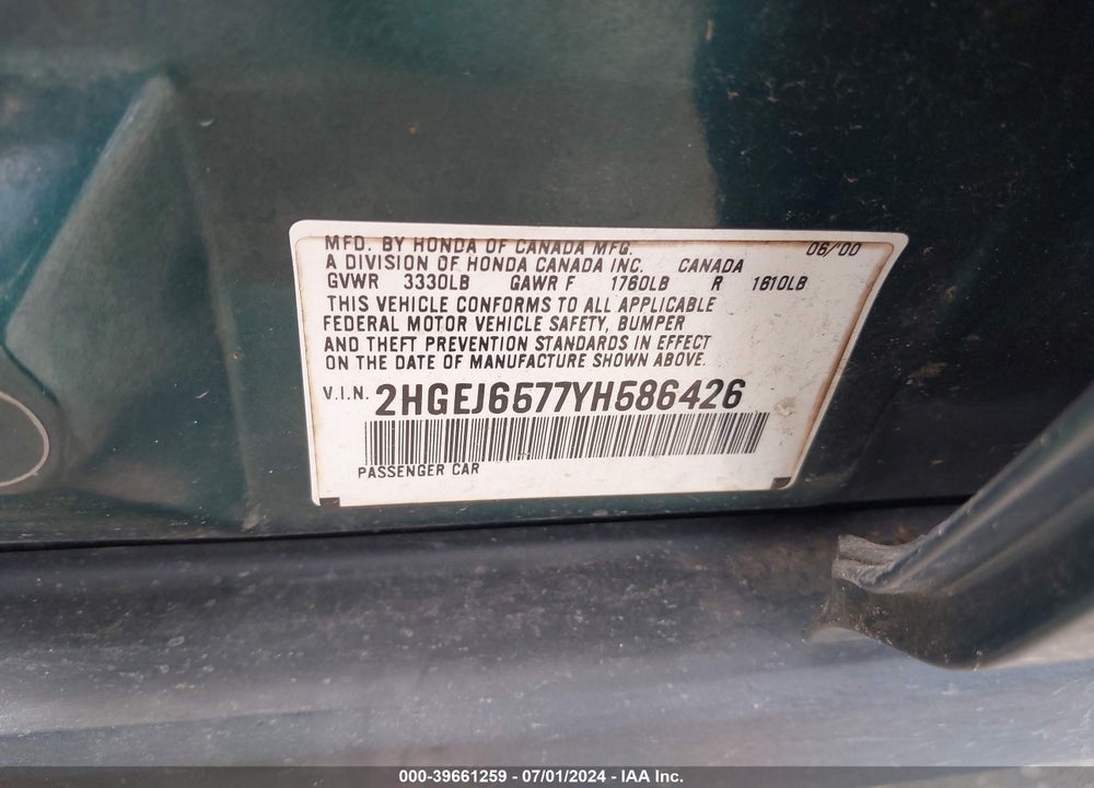 2000 HONDA CIVIC LX VIN: 2HGEJ6577YH586426