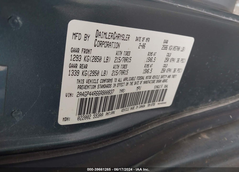 2006 CHRYSLER TOWN & COUNTRY LX VIN: 2A4GP44R66R800837