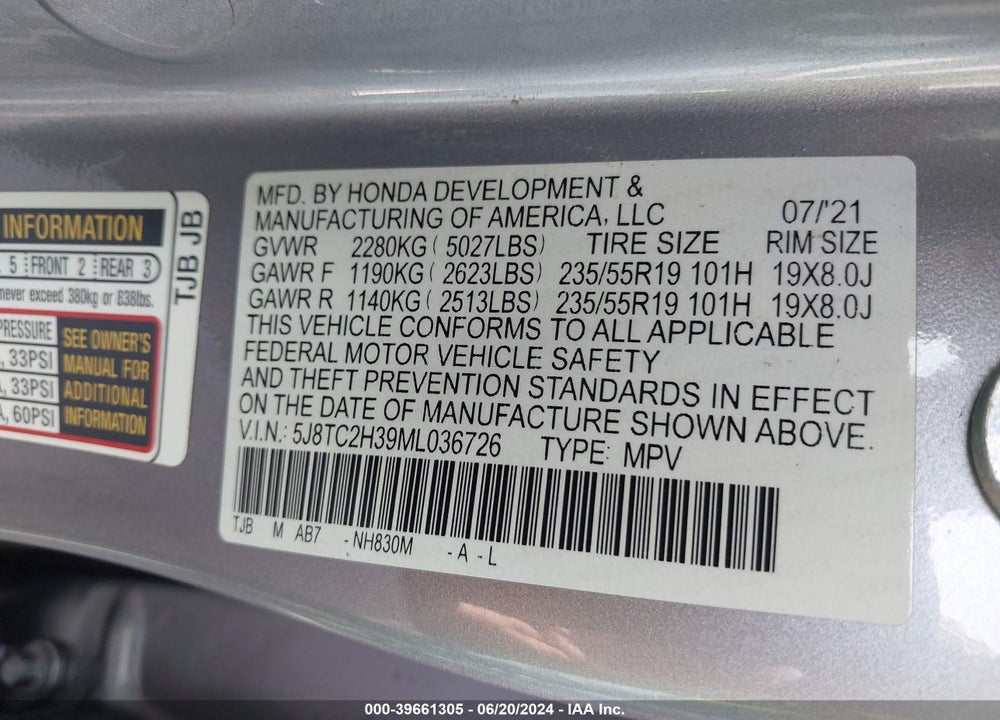 2021 ACURA RDX STANDARD VIN: 5J8TC2H39ML036726
