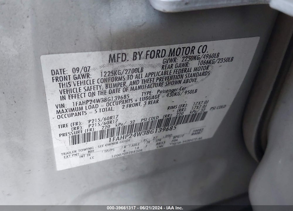 2008 FORD TAURUS SEL VIN: 1FAHP24W38G139685