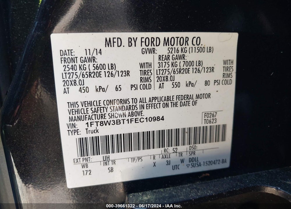 2015 FORD F-350 LARIAT VIN: 1FT8W3BT1FEC10984