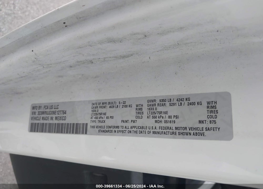 2022 RAM PROMASTER 3500 CARGO VAN HIGH ROOF 159 WB EXT VIN: 3C6MRVJGXNE127764