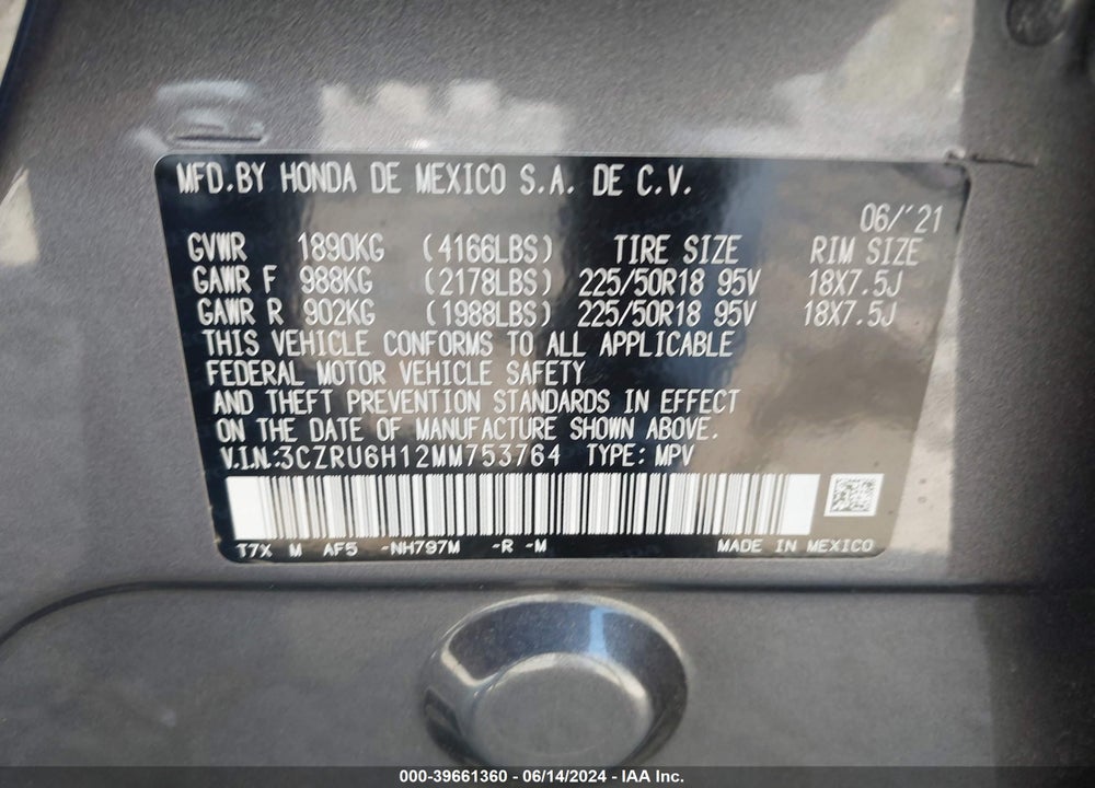 2021 HONDA HR-V AWD SPORT VIN: 3CZRU6H12MM753764