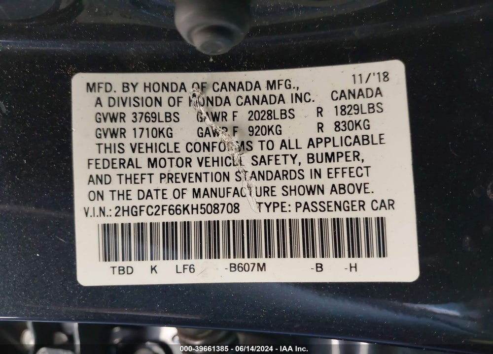 2019 HONDA CIVIC LX VIN: 2HGFC2F66KH508708