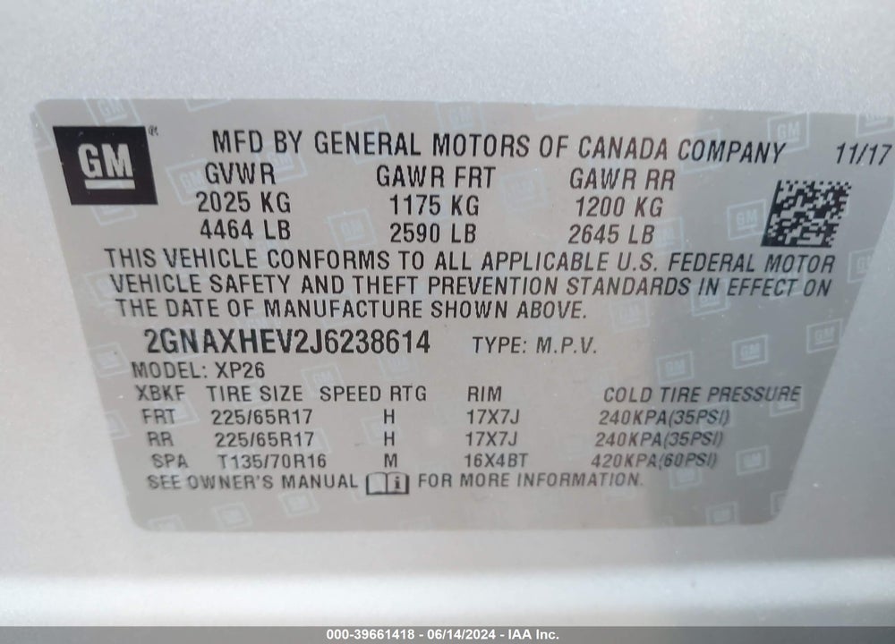 2018 CHEVROLET EQUINOX VIN: 2GNAXHEV2J6238614