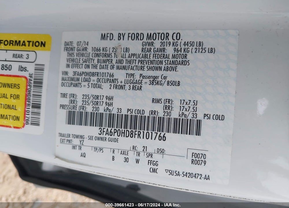 2015 FORD FUSION SE VIN: 3FA6P0HD8FR101766
