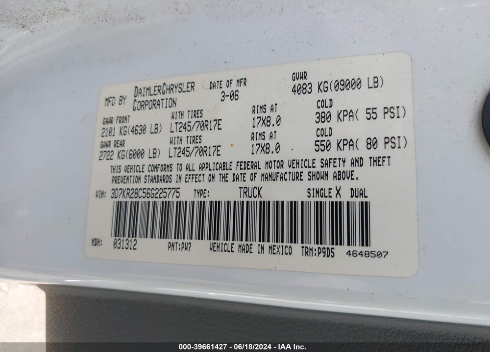 2006 DODGE RAM 2500 ST VIN: 3D7KR28C56G225775