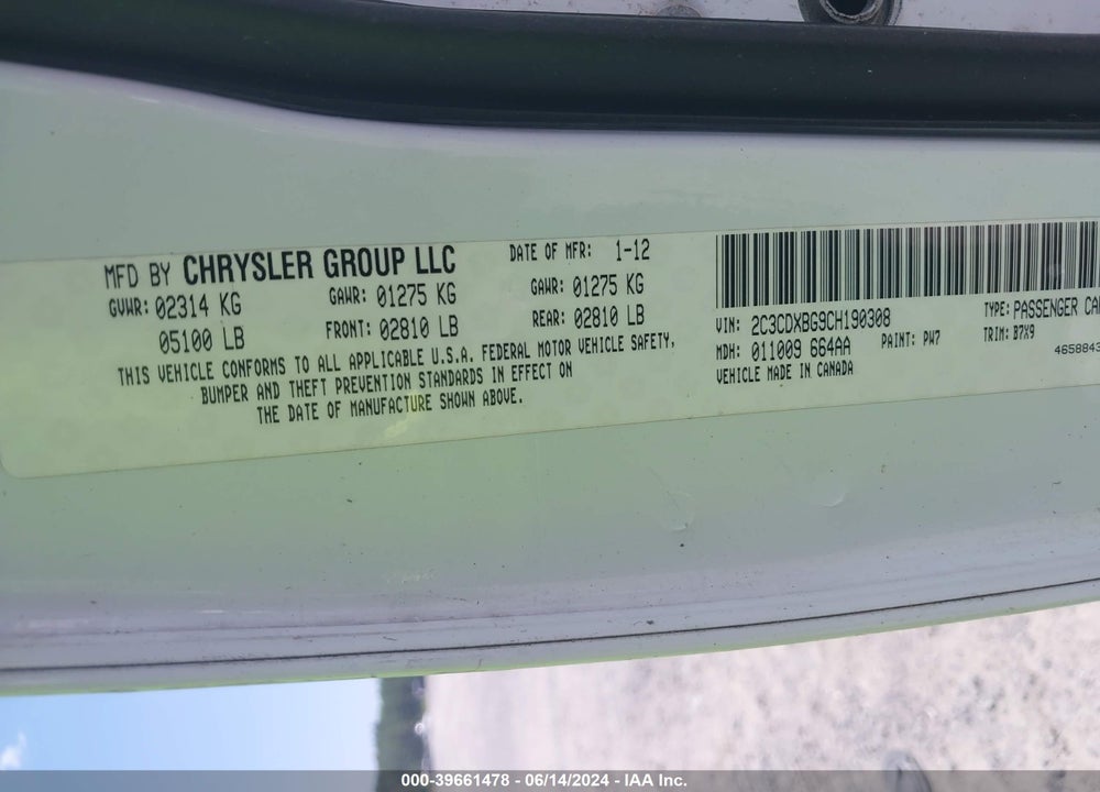 2012 DODGE CHARGER VIN: 2C3CDXBG9CH190308
