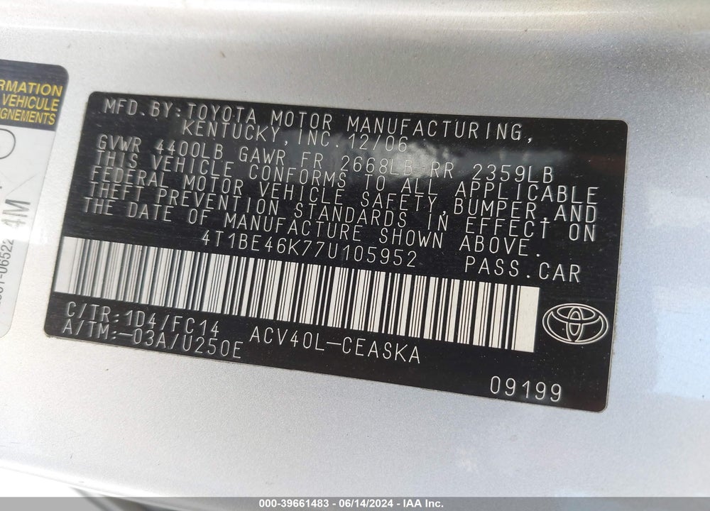 2007 TOYOTA CAMRY SE VIN: 4T1BE46K77U105952