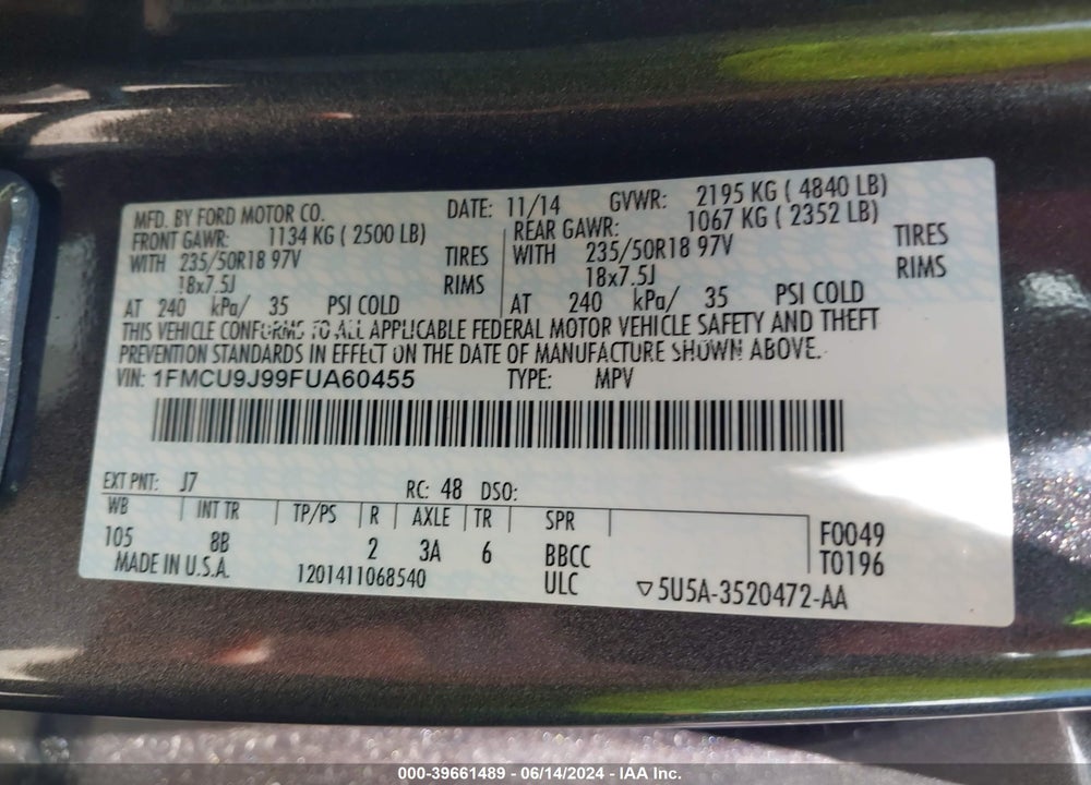 2015 FORD ESCAPE TITANIUM VIN: 1FMCU9J99FUA60455