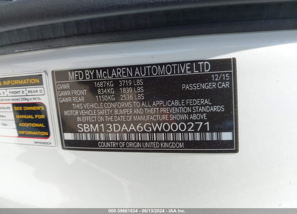 2016 MCLAREN 570S VIN: SBM13DAA6GW000271