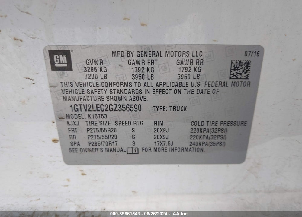 2016 GMC SIERRA 1500 VIN: 1GTV2LEC2GZ356590