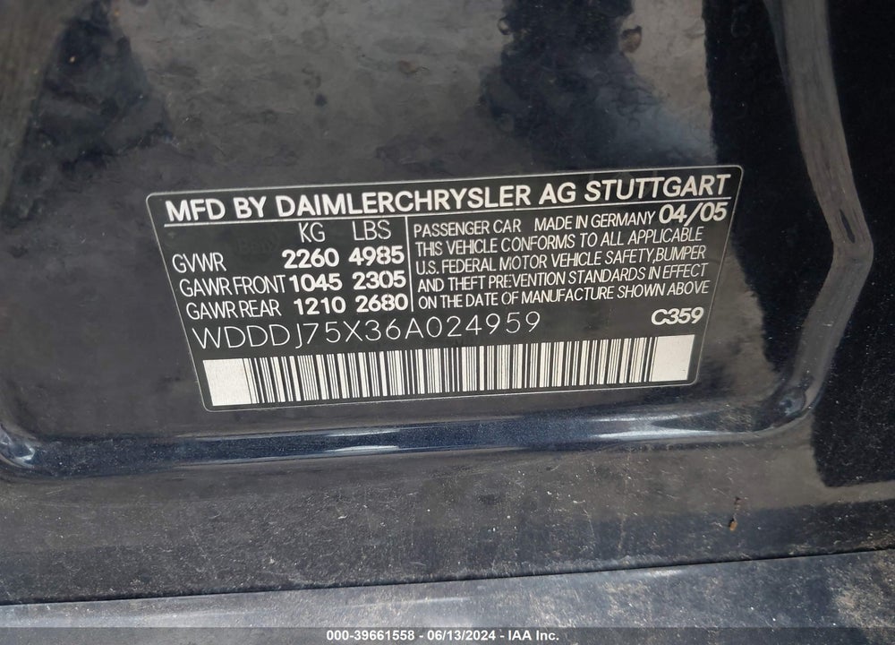 2006 MERCEDES-BENZ CLS 500 VIN: WDDDJ75X36A024959