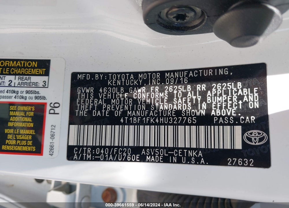 2017 TOYOTA CAMRY LE VIN: 4T1BF1FK4HU327765