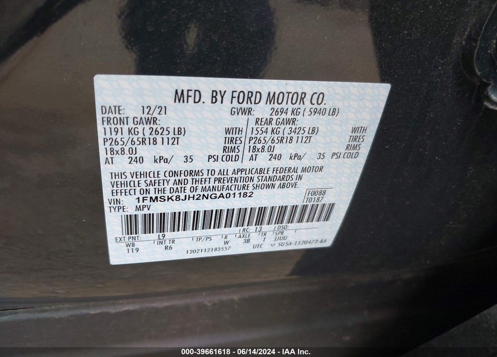 2022 FORD EXPLORER TIMBERLINE VIN: 1FMSK8JH2NGA01182