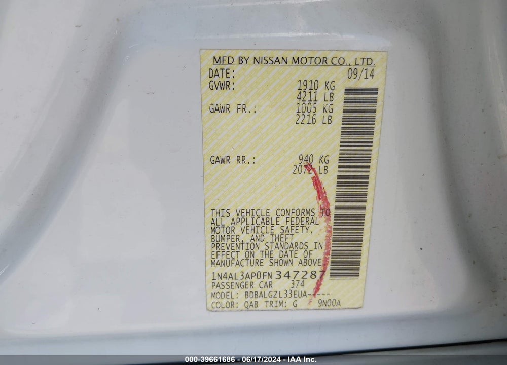 2015 NISSAN ALTIMA 2.5/2.5 S/2.5 SL/2.5 SV VIN: 1N4AL3AP0FN347287