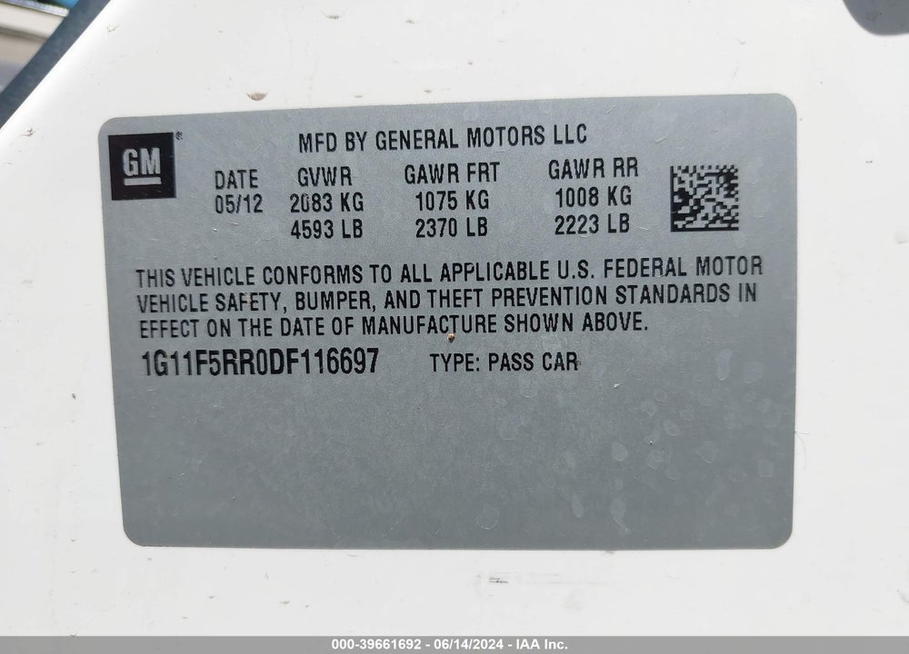2013 CHEVROLET MALIBU ECO PREMIUM AUDIO VIN: 1G11F5RR0DF116697