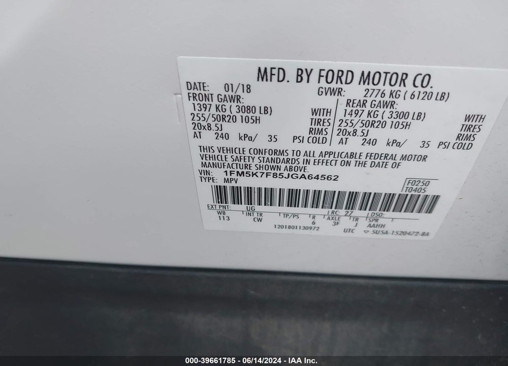 2018 FORD EXPLORER LIMITED VIN: 1FM5K7F85JGA64562