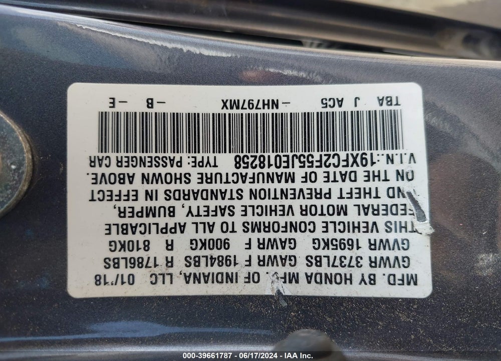 2018 HONDA CIVIC VIN: 19XFC2F55JE018258