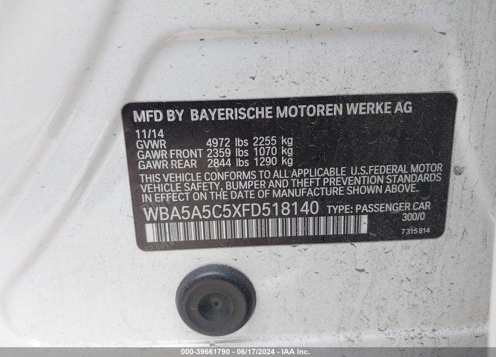 2015 BMW 528I VIN: WBA5A5C5XFD518140