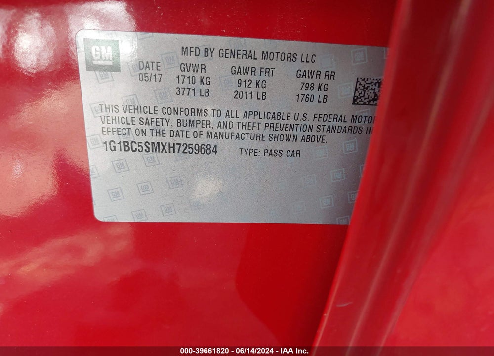 2017 CHEVROLET CRUZE VIN: 1G1BC5SMXH7259684