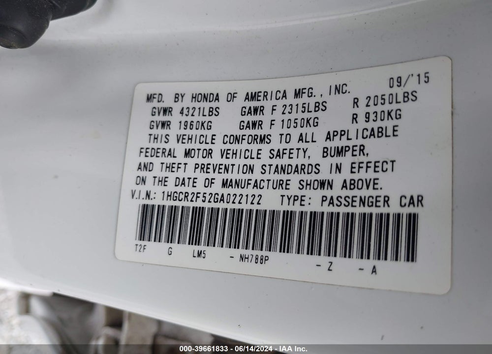 2016 HONDA ACCORD SPORT VIN: 1HGCR2F52GA022122