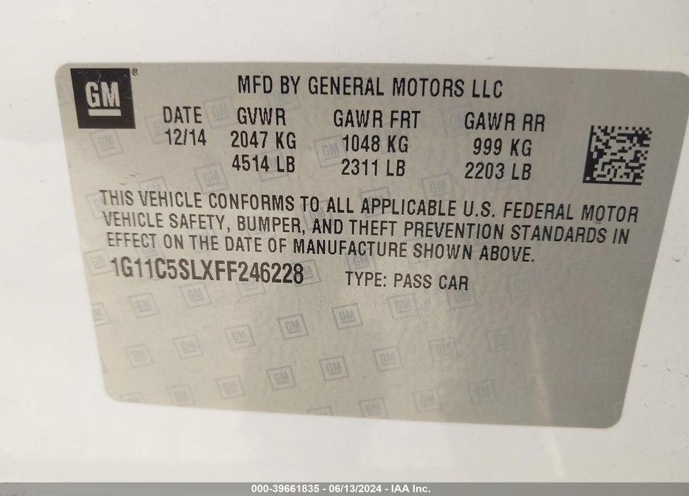2015 CHEVROLET MALIBU 1LT VIN: 1G11C5SLXFF246228