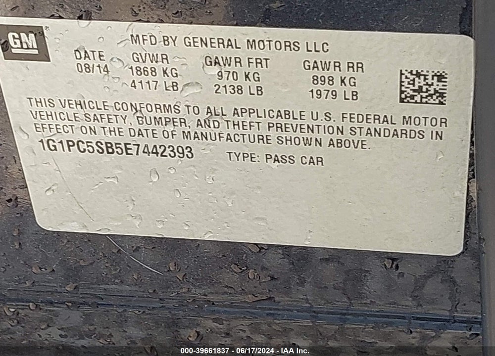 2014 CHEVROLET CRUZE 1LT AUTO VIN: 1G1PC5SB5E7442393