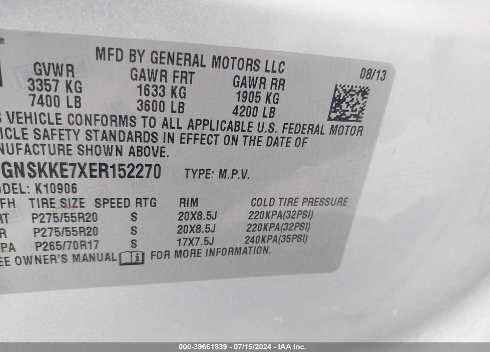 2014 CHEVROLET SUBURBAN 1500 LTZ VIN: 1GNSKKE7XER152270