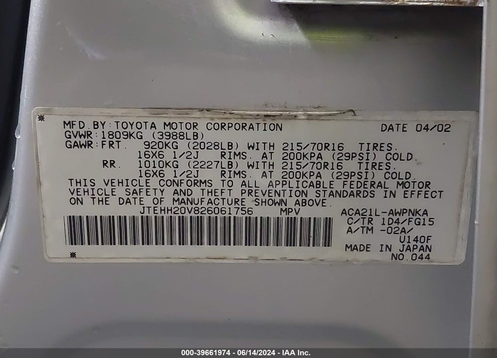 2002 TOYOTA RAV4 VIN: JTEHH20V826061756