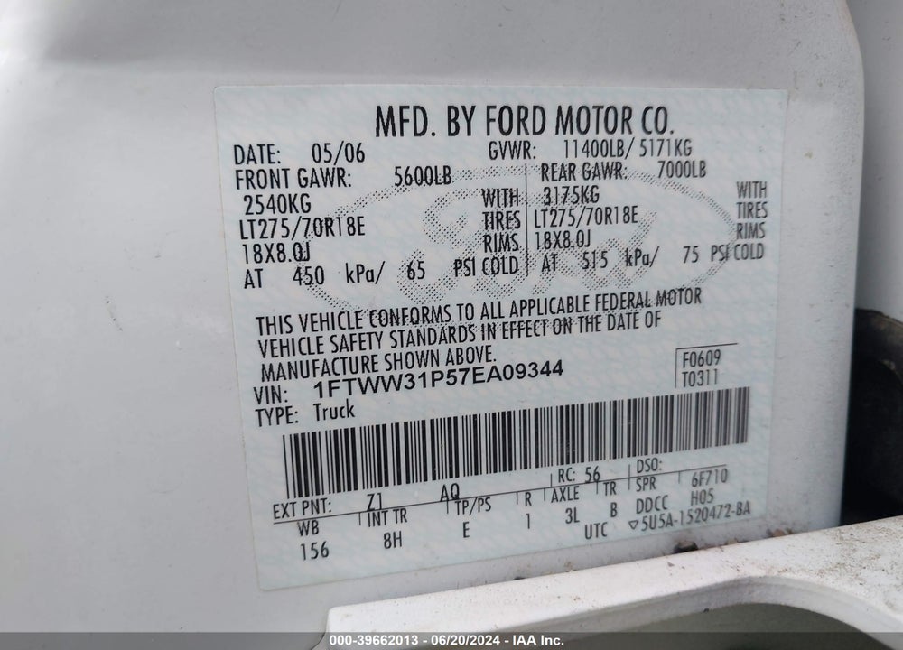 2007 FORD F-350 LARIAT/XL/XLT VIN: 1FTWW31P57EA09344