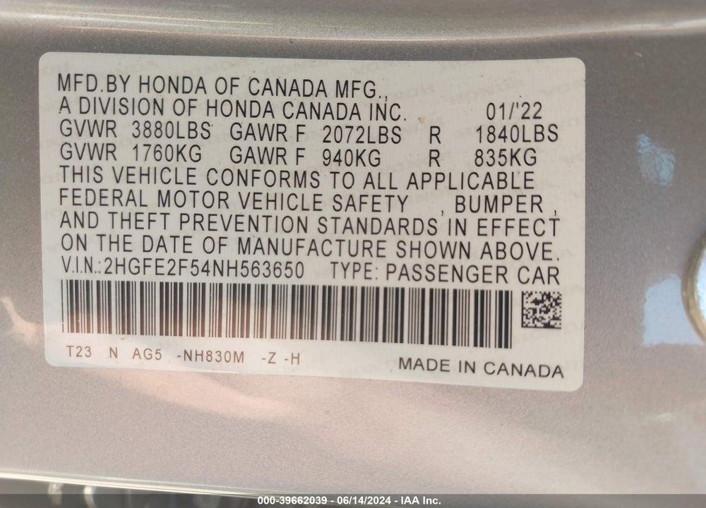 2022 HONDA CIVIC SPORT VIN: 2HGFE2F54NH563650