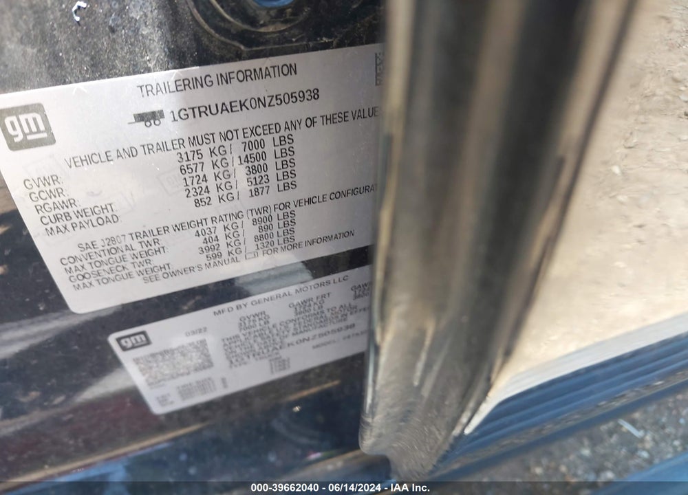 2022 GMC SIERRA 1500 4WD DOUBLE CAB STANDARD BOX PRO VIN: 1GTRUAEK0NZ505938