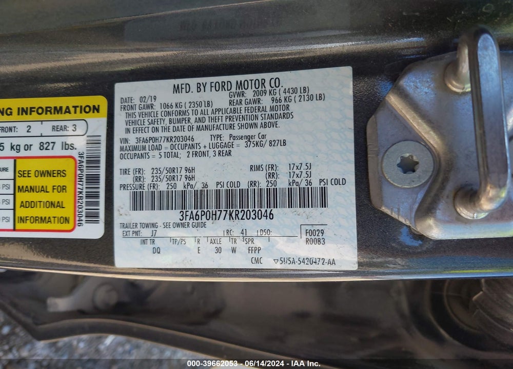 2019 FORD FUSION SE VIN: 3FA6P0H77KR203046