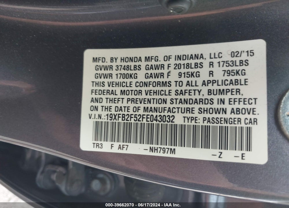 2015 HONDA CIVIC LX VIN: 19XFB2F52FE043032