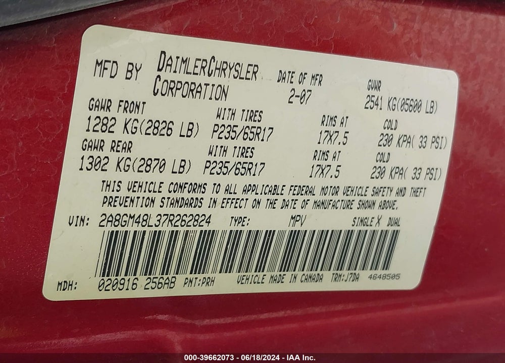 2007 CHRYSLER PACIFICA VIN: 2A8GM48L37R262824