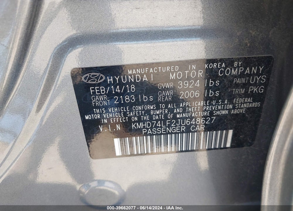 2018 HYUNDAI ELANTRA SE VIN: KMHD74LF2JU648627