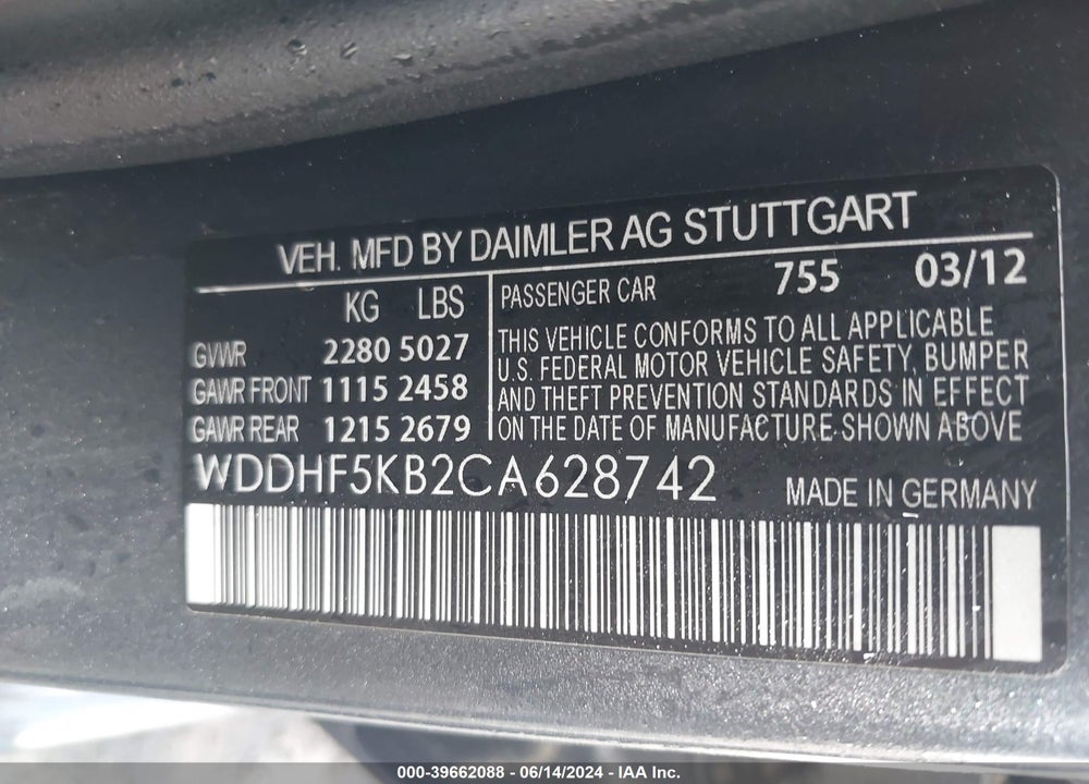 2012 MERCEDES-BENZ E 350 VIN: WDDHF5KB2CA628742